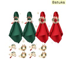8 stuks - Kerstversieringen - Servetringen - Rendier en kerstkrans - Voor feesttafelversiering - Hotel- en woondecoratie - Geschikt voor Kerstmis - Rood + groen