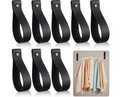 8 stuks leren handgrepen - leren wandhangers - wandhaken - 12 x 2,5 cm - gordijnroeden en handdoekrekken - badkamer- en keukenhaken - geschikt voor houten planken van 1,8-3 cm - leren trekringen - zwart
