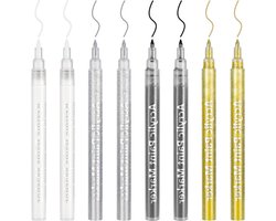 8 Stuks Metallic Acrylverf Stiften - 0.7mm Acrylmarkers voor Steen, Hout, Porselein en Textiel - Inclusief 2 Witte, 2 Zwarte, 2 Gouden en 2 Zilveren Stiften