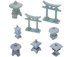 8 stuks Miniatuur Aziatische Decor 8 Stijl Mini Zen Tuin Accessoires Stenen Lantaarns en Torii Gates PVC Chinese Japanse Stijl Zen Decor voor Bonsai Aquarium en Tafelblad Display