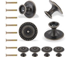8 stuks vintage messing kastknoppen met zonnestraalpatroon 25 mm, antiek goud, ladeknoppen voor nachtkastjes - retro en verweerd design, platte lade trekt - kast hardware met één gat in zwart.