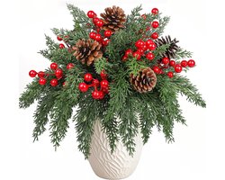 80 stuks kunstmatige kerst dennentakken met rode bessen dennenappel steel Norfolk stelen kerstgroen bloemstuk voor kerstboom krans guirlande DIY knutselwerk Kerstmis huisdecoratie