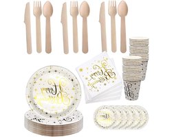 80 stuks papieren servies set - gouden feest thema - papieren kommen en borden - inclusief bestek en servetten - voor feestjes.