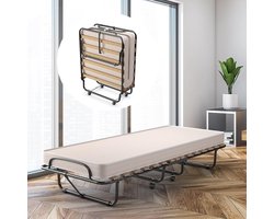 80 x 190 cm logeerbed, inklapbaar, opvouwbaar vouwbed met matras van traagschuim, opklapbed met stevig stalen frame, tot 120 kg belastbaar, metalen bed op wielen, voor kantoor en logeerkamer
