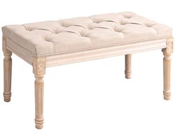 80 x 40 x 43 cm Beige Vintage Zitbank, Gestoffeerde Bank met Knoopafwerking, Shabby Chic Bank, Bedbank, Halbank, Voetenbank, Bank met Gedraaide Houten Poten, Klassieke Zitbank voor Slaapkamer, Woonkamer, Eetkamer en Hal