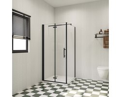 80x80x185cm douchecabine met inklapbare vouwdeur en vaste zijwand, 6mm helder EasyClean veiligheidsglas,mat zwarte aluminium frame, stabilisatiestang 70-120 cm