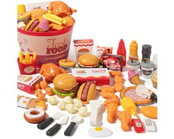 82-Delige Set Kinderspeelhuis Speelgoed, Geschikt Voor Kinderen Van 3-5 Jaar, Familie Emmer Burger Fast Food Set, Met Opslag Emmer, Inclusief Pizza, Hamburgers, Ijs, Hotdogs, Enz., Educatieve Verjaardagscadeaus, Geschikt Voor Jongens En Meisjes