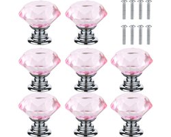 8x Kastknoppen rond - Diameter 30 mm - Kastknop - Meubelknop - Meubelbeslag - Deurknopjes - Meubelknoppen - Deurknoppen voor kasten - Zinklegering en glasmateriaal - Inclusief bevestiging - Voor kasten, rekken, nachtkastjes, kasten - Roze
