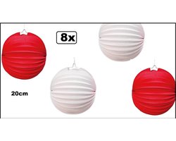 8x Lampion 20cm rood en wit - festival thema feest verjaardag party papier BBQ strand licht fun