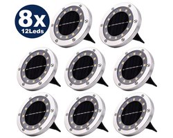 8x LED Warm Solar Grondspot Zilver RVS – Solar Tuinverlichting met 12 LEDs – Led Solar Grondspots – Buitenlamp – Tuinverlichting op Zonne-Energie – 8-10 Uur Buiten Verlichting in Tuin – IP65 Waterdicht