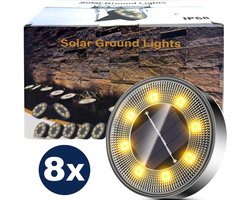 8x Solar LED Grondspot Zilver RVS - Warm 3000K - Solar Tuinverlichting - Buitenlamp - Tuinverlichting op Zonne-Energie - schemerschakelaar - automatisch aan- IP68 - 6-8Uur Buiten Verlichting in Tuin