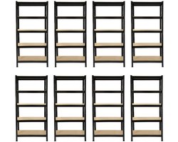 8x stalen rekken met 5 lagen, 150kg per plank, 75x150x30cm, incl. rubberhamer