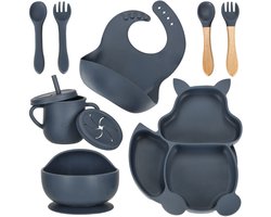 9-Delig Siliconen Voedingsset voor Kinderen - Kinderservies - Baby Servies - Baby Eetset - Zuigkom - Eetlepel - Vakjesbord, Vork & Sippy Cup met Slabbetje - BPA-Vrij - Blauw - Eekhoorn