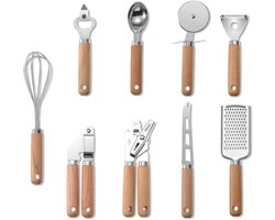 9-delige keukengadgetset - Roestvrij staal - Ontwerp met houten handvat - Inclusief pizzasnijder, knoflookpers, blikopener, flesopener, ijsschep, dunschiller, kaasrasp, kaasmes en garde.