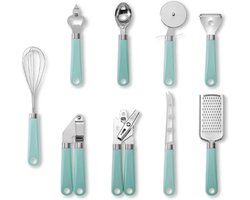 9-delige keukengerei set van roestvrij staal, vaatwasserbestendig, inclusief blikopener, ijsverdeler, dunschiller, pizzasnijder, knoflookpers, kaasrasp, whisk, kaasmes en kurkentrekker