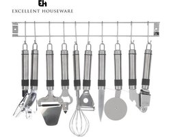9-delige keukenset - Met wandstang - Keukenrek - RVS