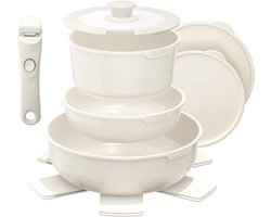 9-delige pannenset met afneembare handvatten en antiaanbaklaag, stapelbaar en gemakkelijk schoon te maken