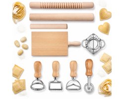 9-delige Pasta- en Dumplingset - Pasta Gereedschap voor Zelfgemaakte Pasta en Dumplings - Set met Deegrollers, Dumplingpers, Gnocchiplank en Deegsnijders - DIY Keukenaccessoires - Hout en RVS