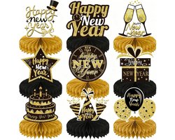 9-delige Set Oud en Nieuw Decoratie 2026 Zwart Goud Tafeldecoratie Bijenwafels Middelstuk - Papier Bijenwafels Decoratie voor Happy New Year 2026 Nieuwjaar Tafeldeco Tafelaccessoires