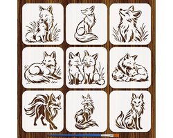 9-delige Set Vos Sjablonen met Borstel 15x15cm voor Schilderen op Hout, Muren en Meubels - Creatieve DIY Decoratie voor Dierenliefhebbers