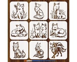 9-delige Set Vos Sjablonen met Kwast 15x15cm voor Schilderen op Hout, Muren en Meubels, Creatieve DIY Decoratie voor Dierenliefhebbers