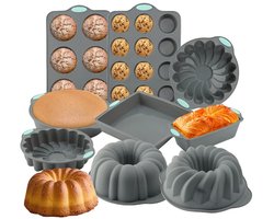 9 Delige Siliconen Bakvormenset - Cakevorm, Broodvorm, Muffinvorm En Tulbandvorm Voor Bakken, Oven En Dessert - Grijs