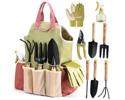 9 -delige tuingereedschapset – tuingereedschap — schep - Inclusief opbergtas – Ideaal voor tuinieren en planten – Groen