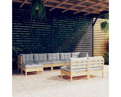 9-delige tuinmeubelset met grijze kussens van grenenhout, balkonmeubelset, terrasmeubelset voor terras, tuin, balkon
