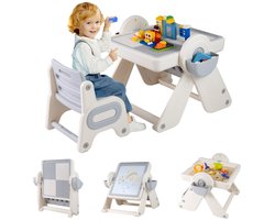 9-in-1 Multifunctionele Kinderbureau- en Stoelset Met Opvouwbaar Kinderbureau En Omkeerbaar Tafelblad-Grijs