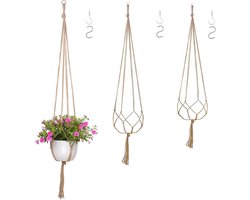 90 cm - 100 cm - 120 cm Macramé Plantenhanger Set met Haak - Jute Touw Plantenpot Houder - Bloempot Netto Opknoping Plantenbak met Kwastje - Indoor Opknoping Mand voor Kamerplanten