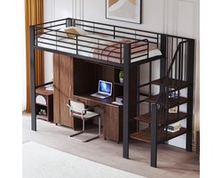 90 x 200 cm hoogslaper - met opbergruimte onder het bed - inclusief trap - kinderbed - zwart - zonder matras