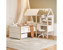 90 x 200 cm kinderbed met uitvalbeveiliging en lattenbodem, L-vormig bureau en boekenplank, laden met wieltjes, multifunctioneel huisbed van massief hout, wit