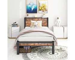 90 x 200 cm metalen frame met opbergbaar hoofdbord, eenpersoons metalen platformbedframe, geruisloos, metalen onderstel, geen boxspring nodig, vintage bruin