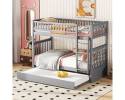 90 x 200 cm stapelbedden, kinderbedden, driepersoonsbedden, stapelbedden met uitschuifbaar bed, hoge railing, staltrap, grijs