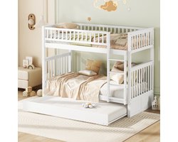 90 x 200 cm stapelbedden, kinderbedden, driepersoonsbedden, stapelbedden met uitschuifbaar bed, hoge railing, staltrap, wit