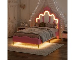 90 x 200cm Eenpersoonsbed - kroonvormig prinsessenbed - zachte PU-lederen bekleding - verstelbare LED-sfeerlichtstrip - roze - zonder matras