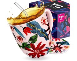 900 ml, grote theemok van botten porselein, XXL mok cadeauset 6-delig met onderzetter, papieren theefilter, glazen rietje, grote drinkbeker voor thee en koffie
