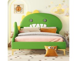 90*200 cm kinderbed, cartoon dinosaurusvorm, vlak bed, PU-materiaal, groen 90*200 cm kinderbed, cartoon dinosaurusvorm, vlak bed, PU-materiaal, groen