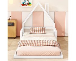 90*200 cm kinderbed, plat bed, huisvorm, massief grenenhout, eenvoudige vorm, roze