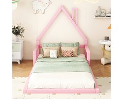 90*200 cm kinderbed, plat bed, huisvorm, massief grenenhout, eenvoudige vorm, roze