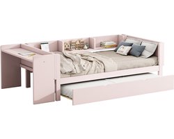 90*200 cm, vlak bed, met uitschuifbaar bed, met bureau, drie planken aan de zijkant van het bed, roze