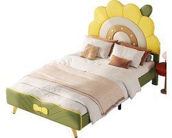 90*200cm plat bed, kinderbed, zonnebloemvorm, strikdecoratie aan het voeteneind, geel