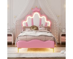 90*200cm plat tweepersoonsbed, kroonvormig prinsessenbed, zachte PU-lederen vulling, verstelbare LED-sfeerlichtstrip, roze
