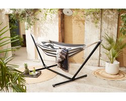 909 OUTDOOR hangmat met frame - Outdoor hangmat in zwart en wit - hangmat met metalen standaard voor tuin - balkon en terras - max. 100 kg - 290 x 100 x 100 cm