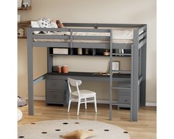 90x200 cm hoogslaper - kinderbed - met bureau - opbergruimte - hoge veiligheidsrand - grijs - zonder matras