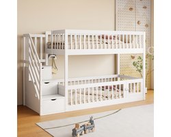 90x200 cm Kinderstapelbed met veiligheidstrap en lades, Wit houten eenpersoonsbed met opbergruimte voor kinderen en tieners