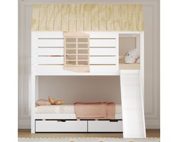 90x200 cm stapelbed met glijbaan en 2 lades - hoogslaper voor thuis - wit en houtkleur