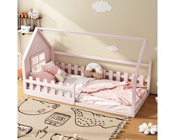 90x200 cm vlak bed - eenpersoonsbed - kinderbed - bedhek - roze - zonder matras