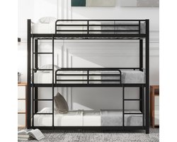 90x200cm bedframe metalen bed, stapelbed, ijzeren bed, driedubbel stapelbed voor kinderen, tieners en volwassenen, zwart