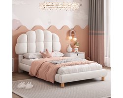 90x200cm eenpersoonsbed, kinderbed, jeugdbed, gestoffeerd bed, houten lattenbodem, imitatievlies, wit